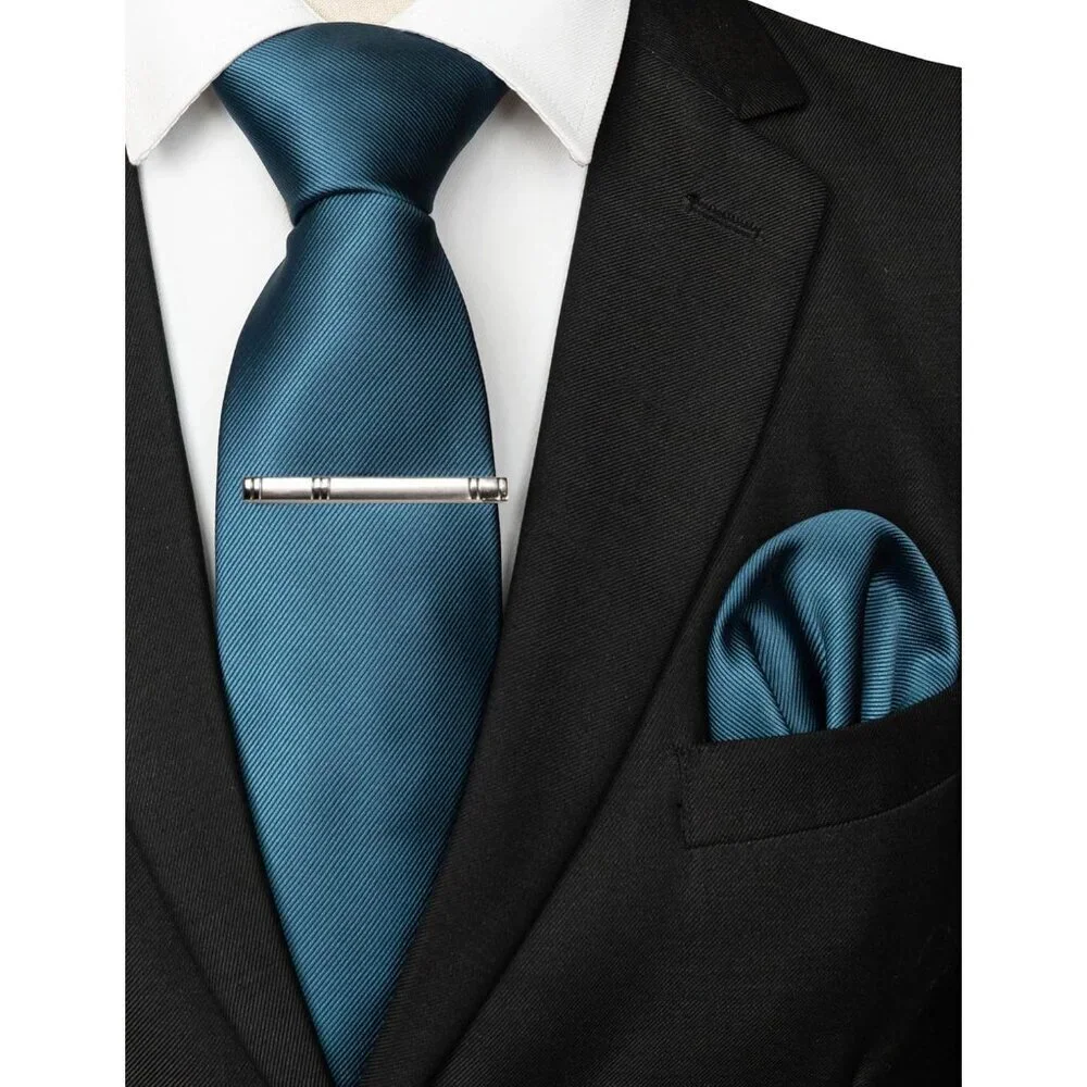 Men's Steal Blue Colour Formal Necktie and Pocket Square Tie Clip Sets